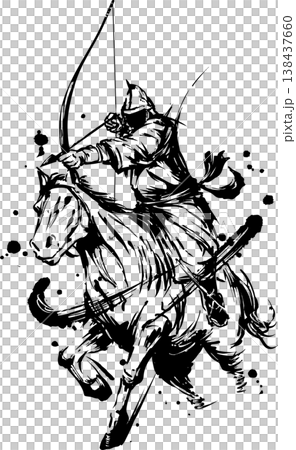 馬に乗り弓を引く侍の墨絵イラスト 138437660