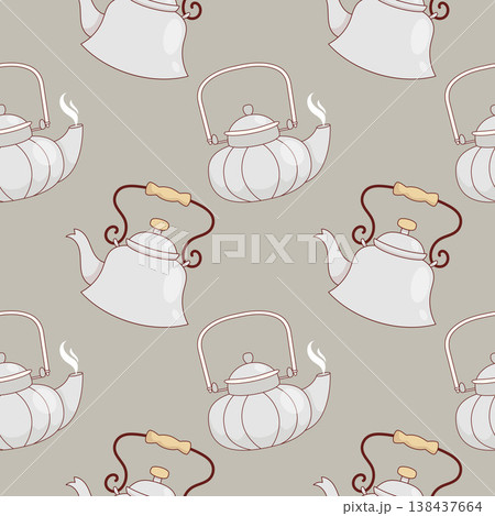 Seamless Pattern with Vintage Metal Kettles on Green Background. Retro Enamelware Teapots Kitchen Print. Nostalgia Kitchenware Farmhouse Decor. Vector Illustration. 138437664