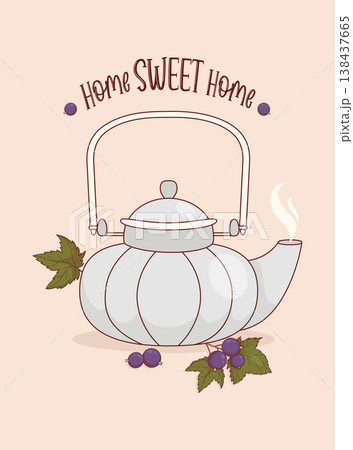 Vintage Metal Teapot with Blackcurrant Berries and Leaves. Greeting Card with Phrase Home Sweet Home. Cozy Retro Enamelware Kettle. Rustic Kitchen Vertical Wall Art. Vector Illustration. 138437665