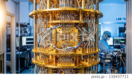 量子コンピュータの冷却装置（シャンデリア）と精密配線の実写風イメージ 138437711