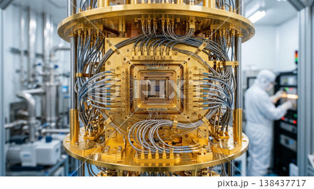 量子コンピュータの冷却装置（シャンデリア）と精密配線の実写風イメージ 138437717