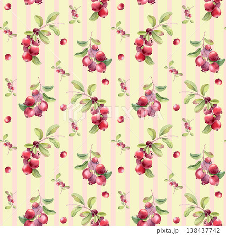 Summer print with red berries on yellow and pink striped background. Hand drawn forest berry for textile or paper design. Watercolor lingonberry and cranberry on vertical lines seamless pattern. Summer print with red berries on yellow and pink striped background. Hand drawn forest berry for textile or paper design. Watercolor lingonberry and cranberry on vertical lines seamless pattern. 138437742