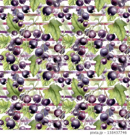 Watercolor seamless pattern with black currant berry and green leaf on striped background. Fresh bright fruit illustration for textile, wallpaper, wrapping paper. Repeat vibrant summer design painted. Watercolor seamless pattern with black currant berry and green leaf on striped background. Fresh bright fruit illustration for textile, wallpaper, wrapping paper. Repeat vibrant summer design painted. 138437746