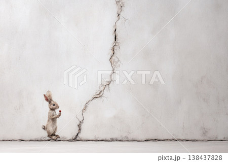 A small rabbit with a red berry near a cracked wall. Space for text. 138437828