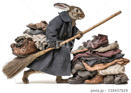 A rabbit in a coat with a broom next to piles of clothes. A rabbit in a coat with a broom next to piles of clothes. 138437829