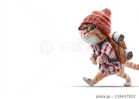 A ginger cat in a hat and glasses with a hiking backpack. Space for text. 138437832