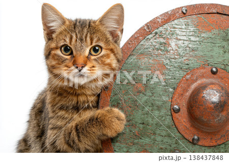 A striped kitten next to an old round shield. A striped kitten next to an old round shield. 138437848