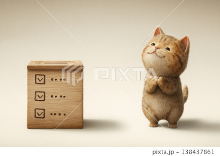 A small cat stands next to a wooden ballot box. Space for text. 138437861