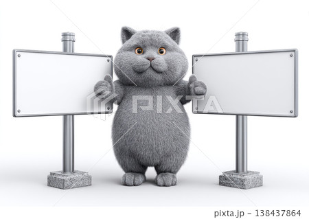 A gray fluffy cat between two empty metal plates. Space for text. 138437864