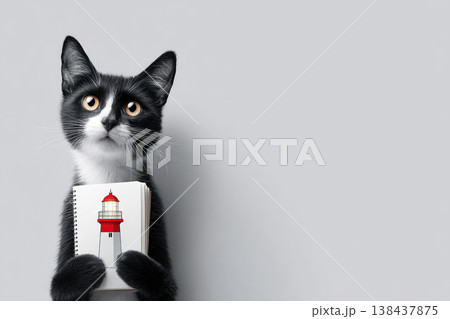 A black and white cat holds a notebook with a drawing of a lighthouse. Space for text. A black and white cat holds a notebook with a drawing of a lighthouse. Space for text. 138437875