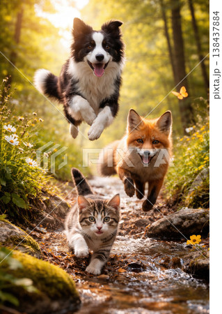 A kitten, a fox and a dog are running along a forest stream. 138437884
