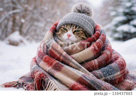 A cat in a hat and a plaid blanket in winter. A cat in a hat and a plaid blanket in winter. 138437885