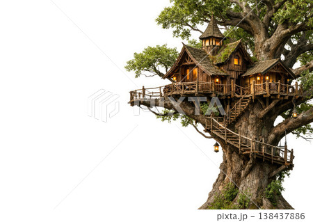 Wooden house on a large tree. Space for text. Wooden house on a large tree. Space for text. 138437886