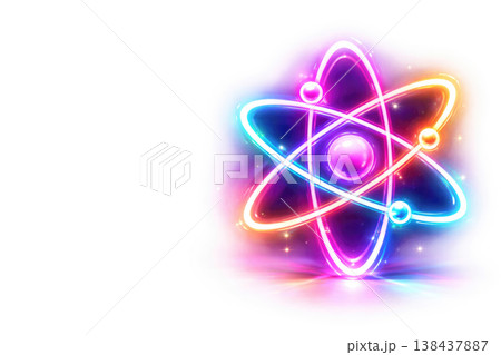 Glowing neon atom with orbits on a light background. Space for text. 138437887