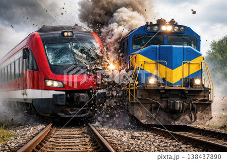 Collision of two trains on the railway tracks. Collision of two trains on the railway tracks. 138437890