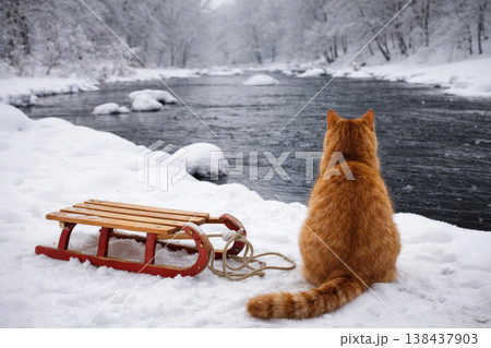 A red cat and a wooden sled by a winter river.のイラスト素材 [138437903] - PIXTA