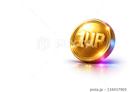 A gold coin with the inscription 1up on a light background. Space for text. A gold coin with the inscription 1up on a light background. Space for text. 138437905