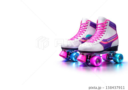 A pair of roller skates with bright wheels on a light background. Space for text. 138437911