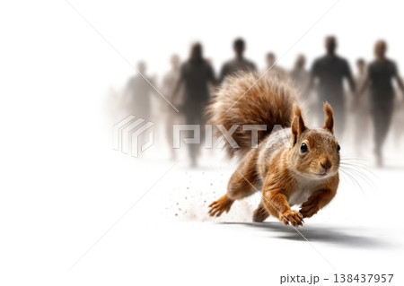 A red squirrel runs against the background of blurred silhouettes of people. Space for text. A red squirrel runs against the background of blurred silhouettes of people. Space for text. 138437957
