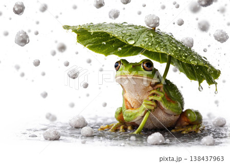 A frog under a leaf during rain and hail. Space for text. A frog under a leaf during rain and hail. Space for text. 138437963
