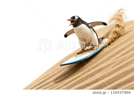 Penguin riding on a board on a sandy slope. Space for text. Penguin riding on a board on a sandy slope. Space for text. 138437966