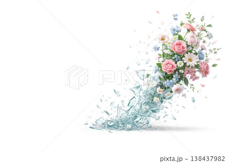 A bouquet of roses and wildflowers among shards of glass. Space for text. A bouquet of roses and wildflowers among shards of glass. Space for text. 138437982