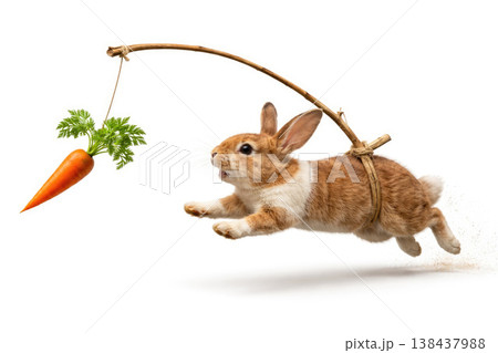 A rabbit jumps after a carrot on a rope. Space for text. 138437988