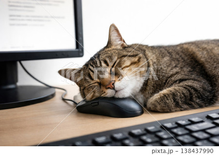Sleeping tabby cat on computer mouse near monitor. Sleeping tabby cat on computer mouse near monitor. 138437990