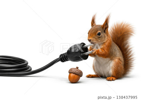 A squirrel holds an electric plug next to an acorn. Space for text. 138437995