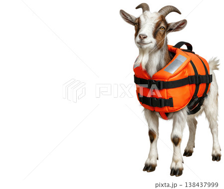 Goat in orange life jacket on white background. Space for text. Goat in orange life jacket on white background. Space for text. 138437999
