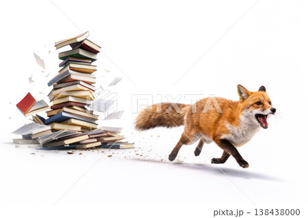 A fox runs away from a falling stack of books on a white background. Space for text. A fox runs away from a falling stack of books on a white background. Space for text. 138438000