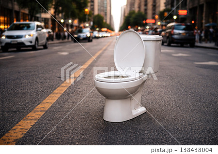 A toilet bowl in the middle of a city street. 138438004