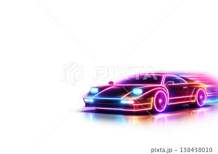 Neon sports car with lighting on a light background. Space for text. Neon sports car with lighting on a light background. Space for text. 138438010