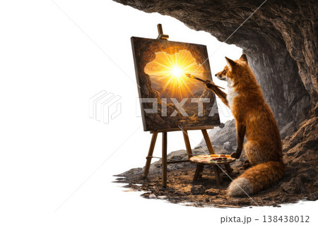 A fox draws a picture on an easel in a cave. Space for text. 138438012