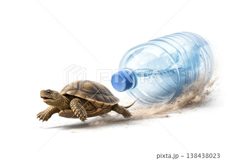A turtle pulls a plastic bottle on a dusty surface. Space for text. A turtle pulls a plastic bottle on a dusty surface. Space for text. 138438023