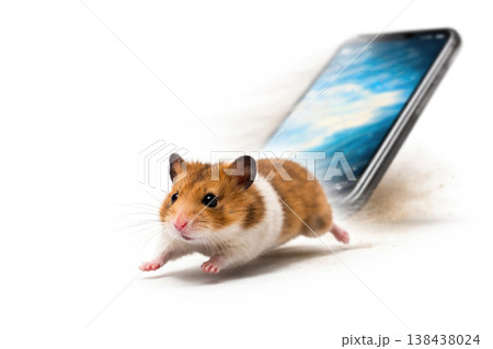 Hamster running out of a smartphone on a light background. Space for text. 138438024