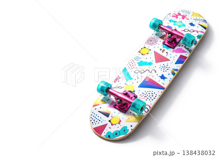 Bright skateboard with a pattern on a light background. Space for text. 138438032