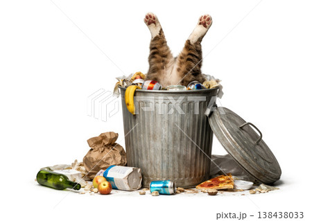 A cat with its paws upside down in an overflowing garbage can. Space for text. A cat with its paws upside down in an overflowing garbage can. Space for text. 138438033