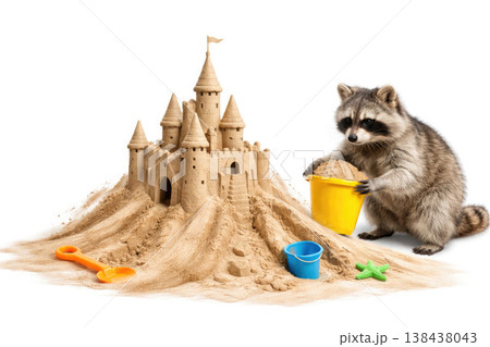 Raccoon builds a sand castle with buckets and a shovel. 138438043