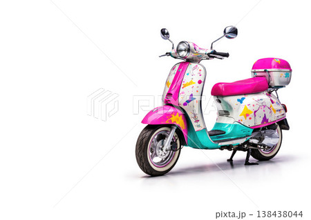 Pink scooter with decorative pattern on light background. Space for text. 138438044
