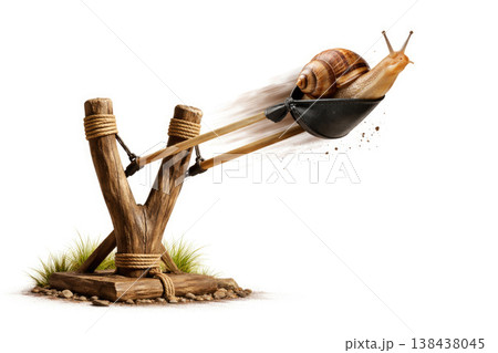 The snail flies out of the slingshot. Space for text. 138438045