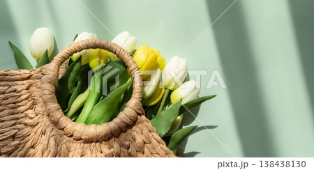 Mothers Day Straw Bag with Colorful Tulips on Blue Background Mothers Day Straw Bag with Colorful Tulips on Blue Background 138438130
