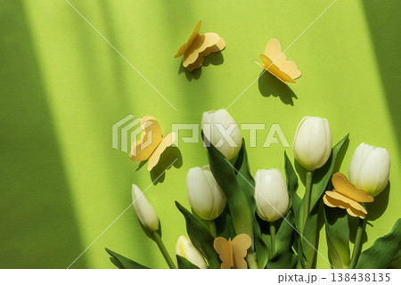 Mothers Day Tulips with Butterflies on Green Background Mothers Day Tulips with Butterflies on Green Background 138438135