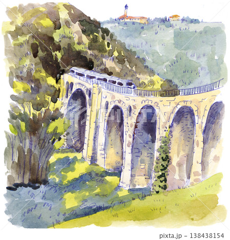 Watercolor Painting of Stone Bridge and Landscape 138438154