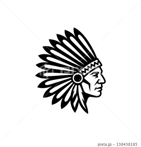 A profile black and white vector logo of a Native American man wearing a traditional feathered war bonnet (headdress), symbolizing pride, heritage, and history. A profile black and white vector logo of a Native American man wearing a traditional feathered war bonnet (headdress), symbolizing pride, heritage, and history. 138438185