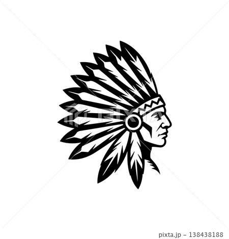 A profile black and white vector logo of a Native American man wearing a traditional feathered war bonnet (headdress), symbolizing pride, heritage, and history. 138438188