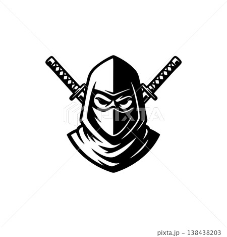 A stealthy black and white vector logo of a ninja warrior with crossed katanas, symbolizing secrecy, martial arts, strength, and discipline. A stealthy black and white vector logo of a ninja warrior with crossed katanas, symbolizing secrecy, martial arts, strength, and discipline. 138438203