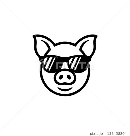 A cheerful, bold black and white vector logo of a pig's face wearing sunglasses, giving a cool, relaxed vibe. Ideal for a trendy farm, food, or lifestyle brand. A cheerful, bold black and white vector logo of a pig's face wearing sunglasses, giving a cool, relaxed vibe. Ideal for a trendy farm, food, or lifestyle brand. 138438204