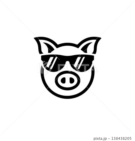 A cheerful, bold black and white vector logo of a pig's face wearing sunglasses, giving a cool, relaxed vibe. Ideal for a trendy farm, food, or lifestyle brand. A cheerful, bold black and white vector logo of a pig's face wearing sunglasses, giving a cool, relaxed vibe. Ideal for a trendy farm, food, or lifestyle brand. 138438205