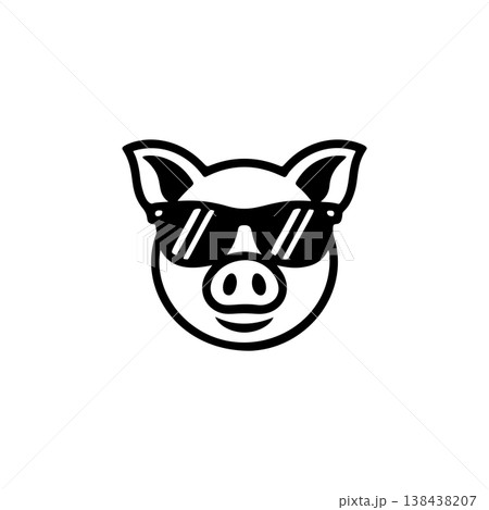 A cheerful, bold black and white vector logo of a pig's face wearing sunglasses, giving a cool, relaxed vibe. Ideal for a trendy farm, food, or lifestyle brand. 138438207